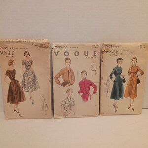 Lot of 3 VOGUE 1950s Sewing Patterns Size 14--Dress, Suit, Blouse
